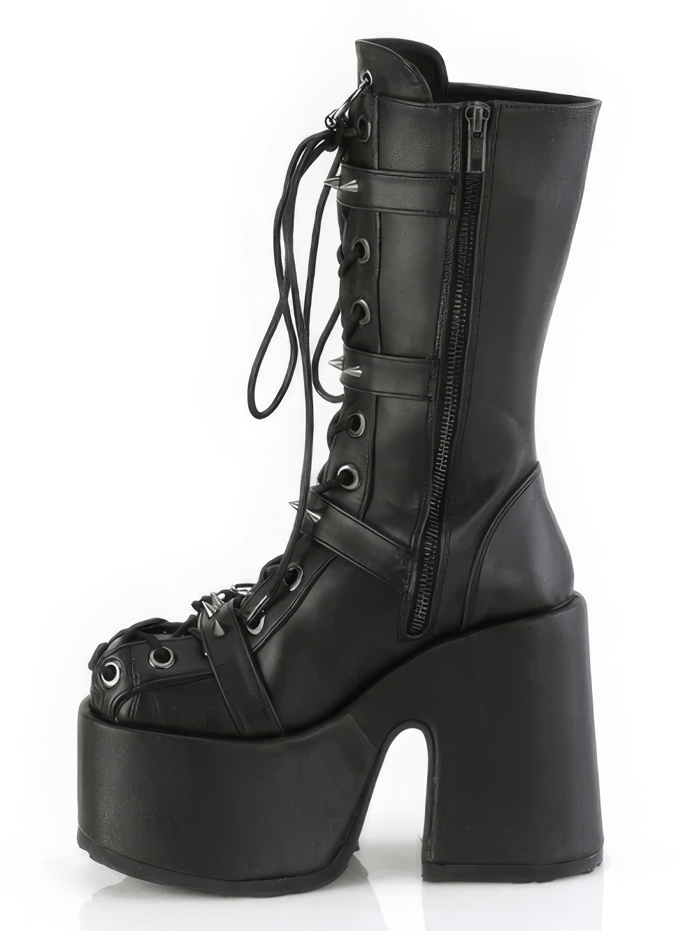 DEMONIA Edgy Mid-Calf Boots with Spikes and Skull Details