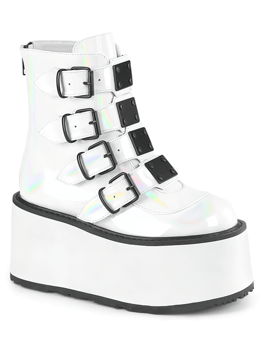 DEMONIA Female White Holographic Platform Ankle Boots