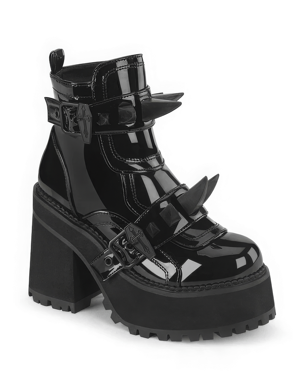 DEMONIA Glossy Black Coffin Buckle Studded Ankle Boots