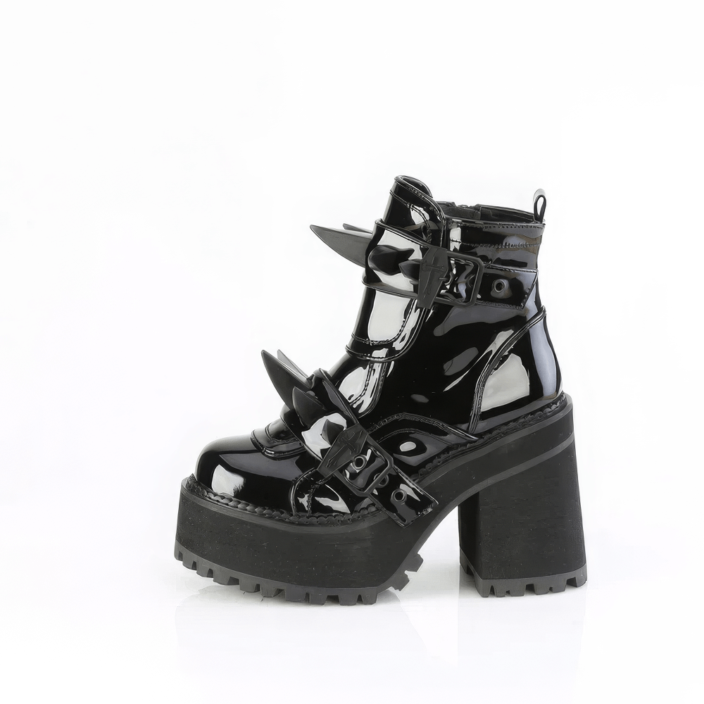 DEMONIA Glossy Black Coffin Buckle Studded Ankle Boots