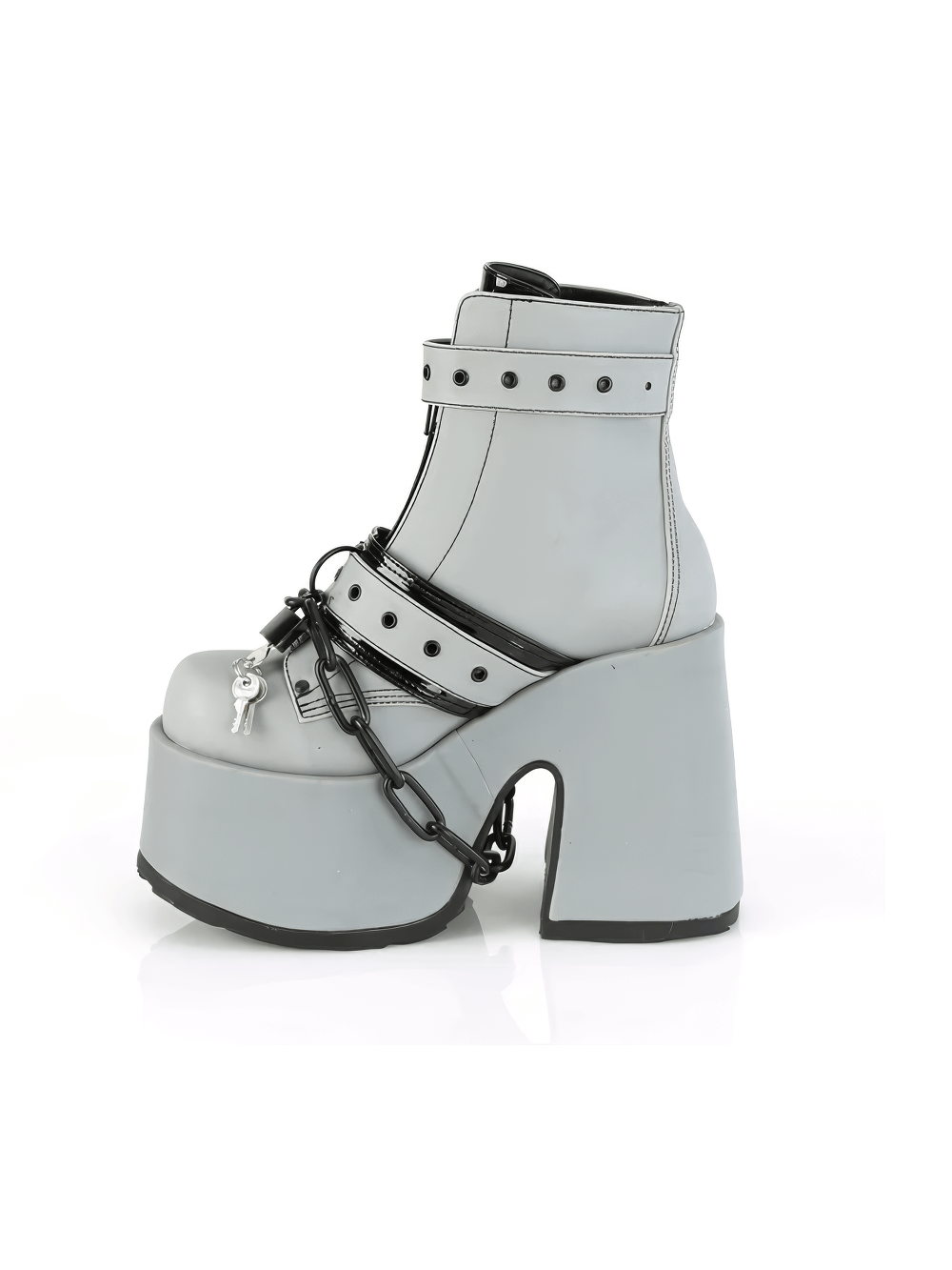 DEMONIA Glossy Gray Punk Style Ankle Boots with Chain Detail