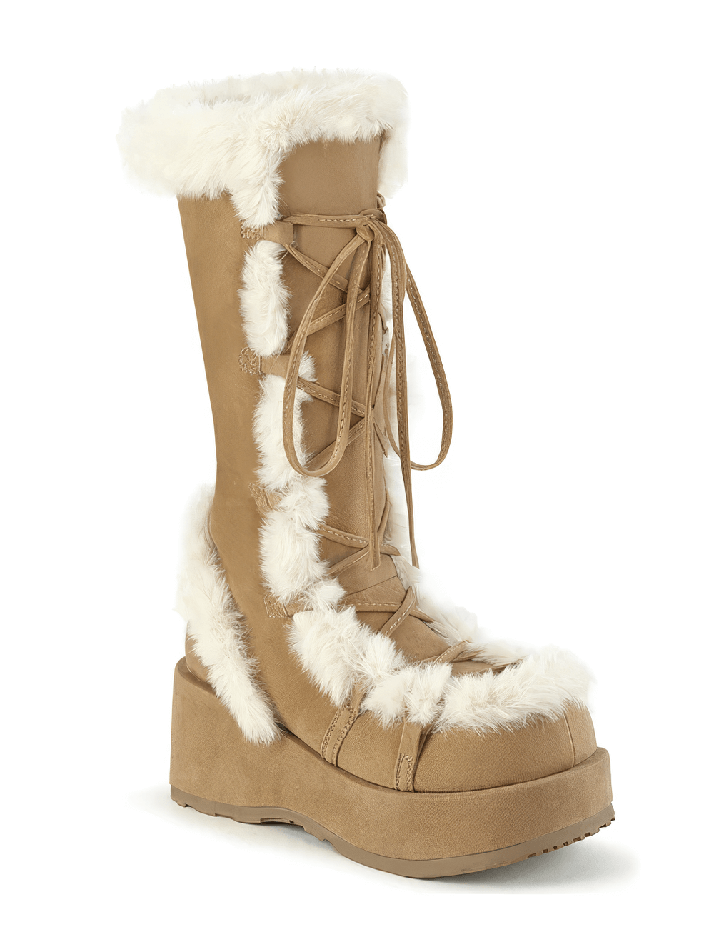 DEMONIA Vegan Suede Camel Platform Mid-Calf Boots
