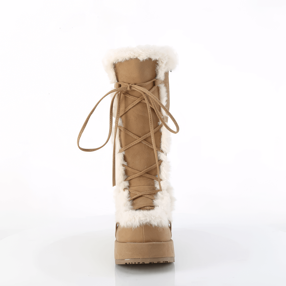 DEMONIA Vegan Suede Camel Platform Mid-Calf Boots
