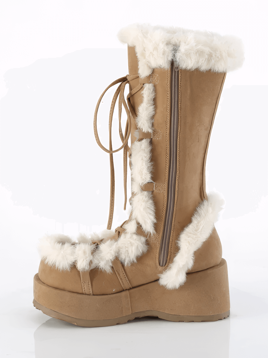 DEMONIA Vegan Suede Camel Platform Mid-Calf Boots