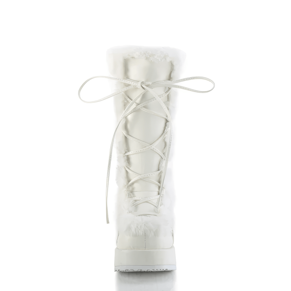 DEMONIA White Vegan Leather Mid-Calf Boot with Faux Fur