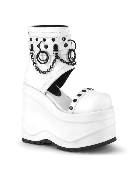 DEMONIA White Wedge Platform Booties with Chains and O-Rings