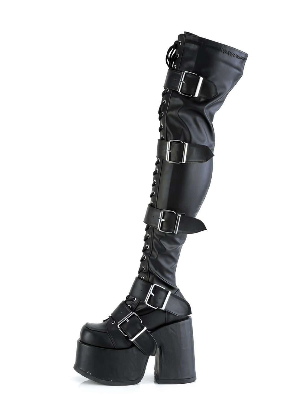 DEMONIA Women's Thigh-High Lace-Up Boots with Buckles