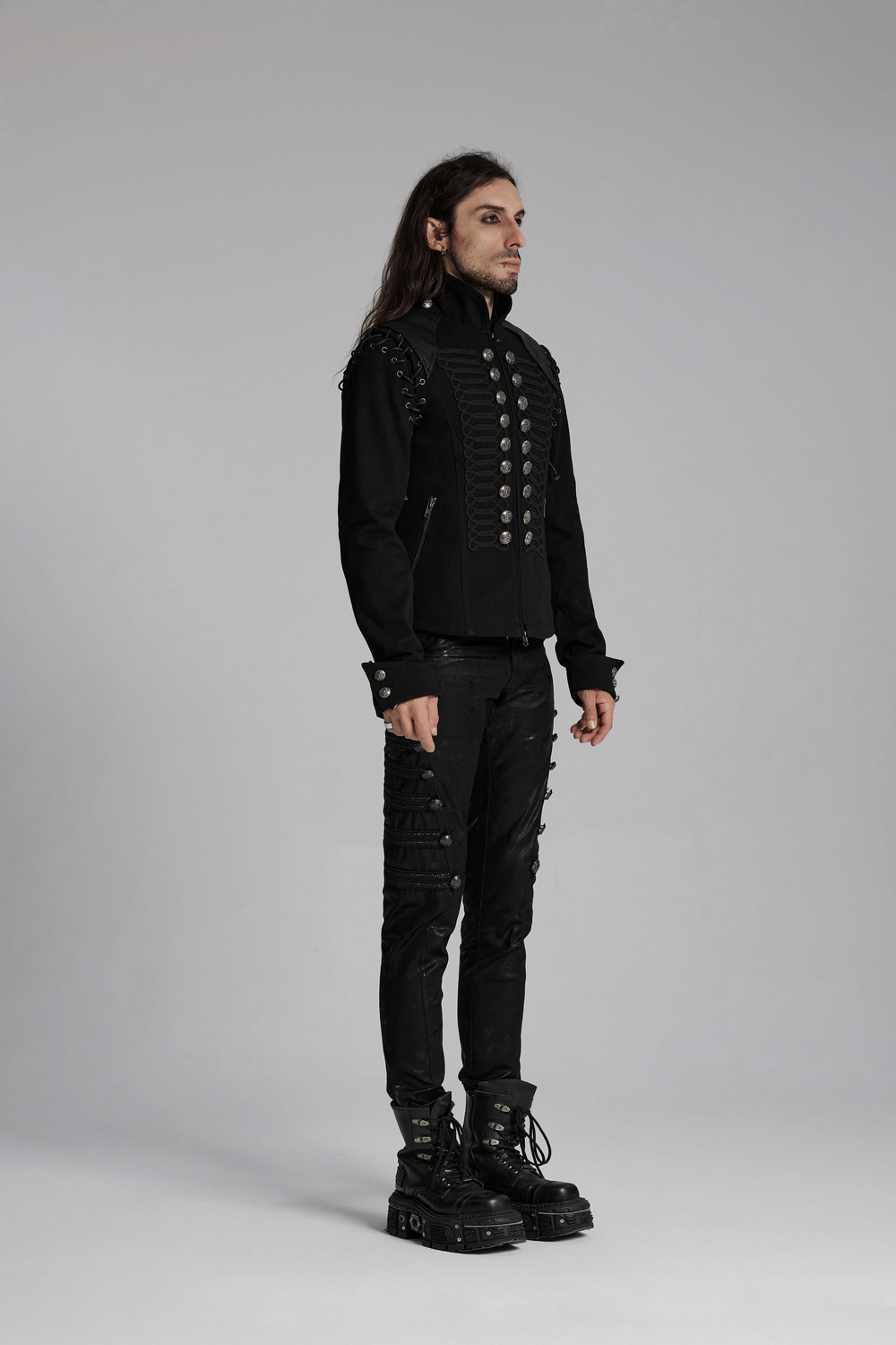 Detachable Sleeved Punk Military Jacket with Vintage Buttons