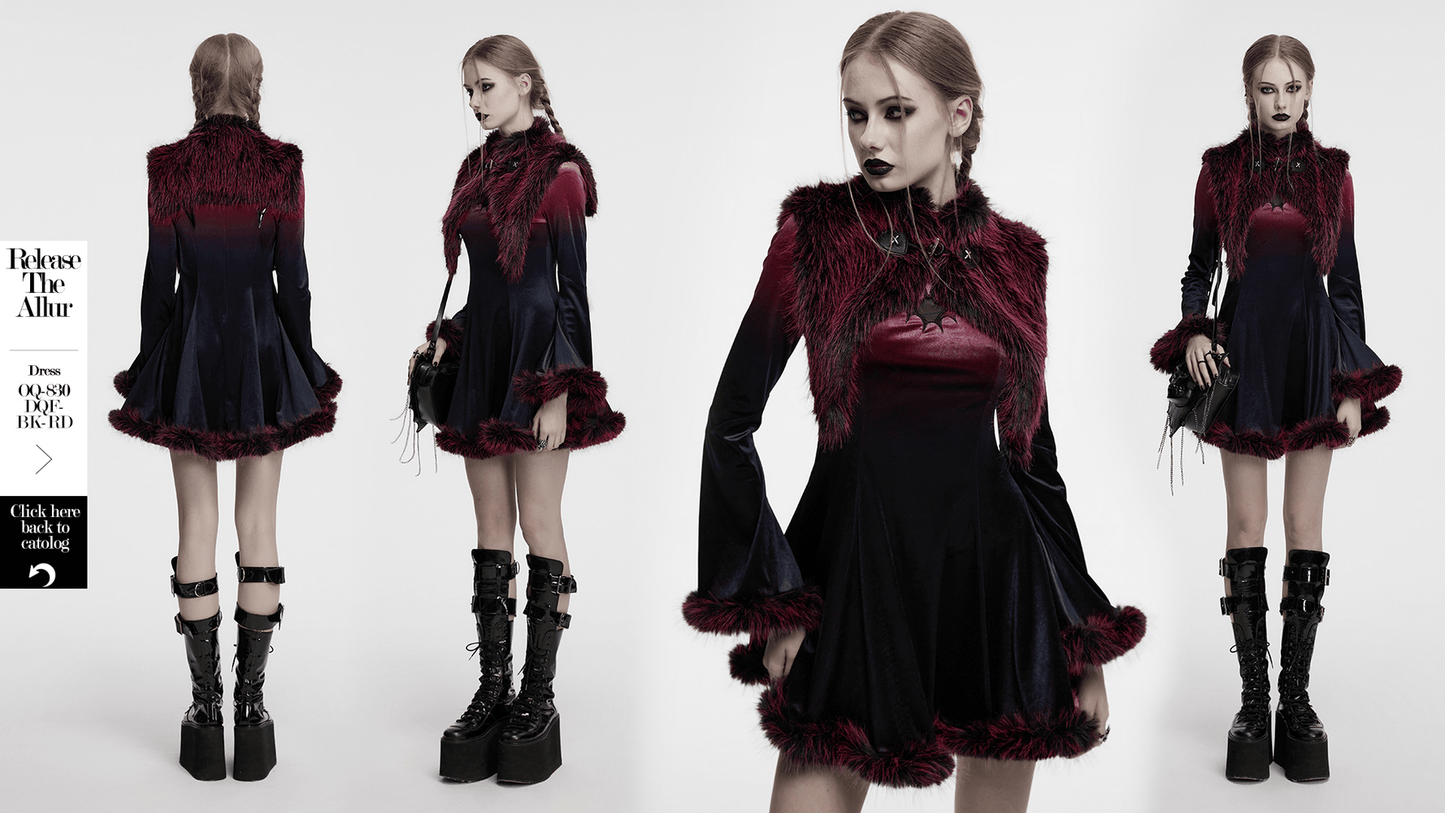 Devil Fur Cape with Stand Collar and Leather Details