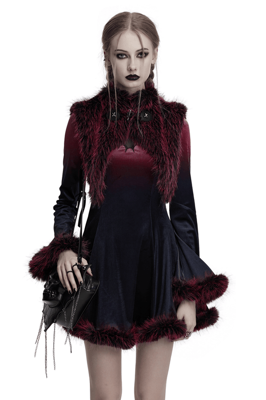 Devil Fur Cape with Stand Collar and Leather Details