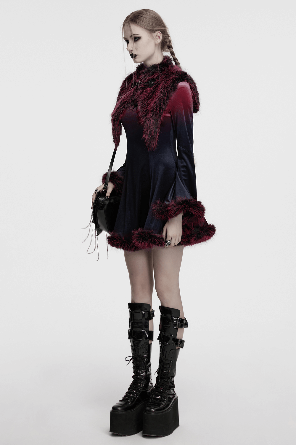 Devil Fur Cape with Stand Collar and Leather Details