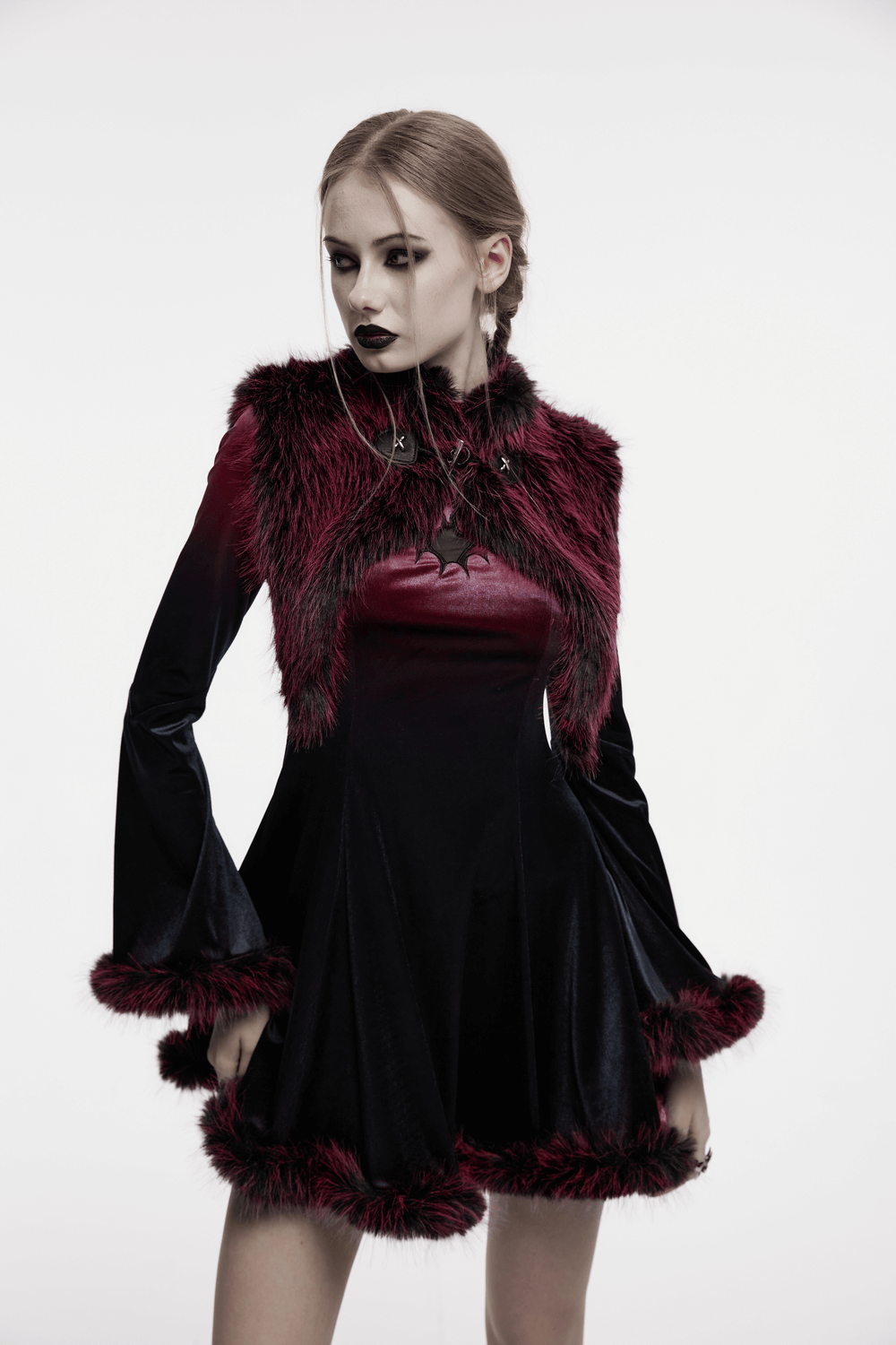 Devil Fur Cape with Stand Collar and Leather Details
