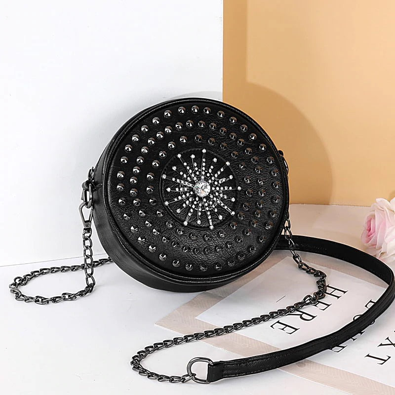 Diamonds Circular Bag for Women / Female Shoulder Rivet Bag / Crossbody Small Bags in Rock Style