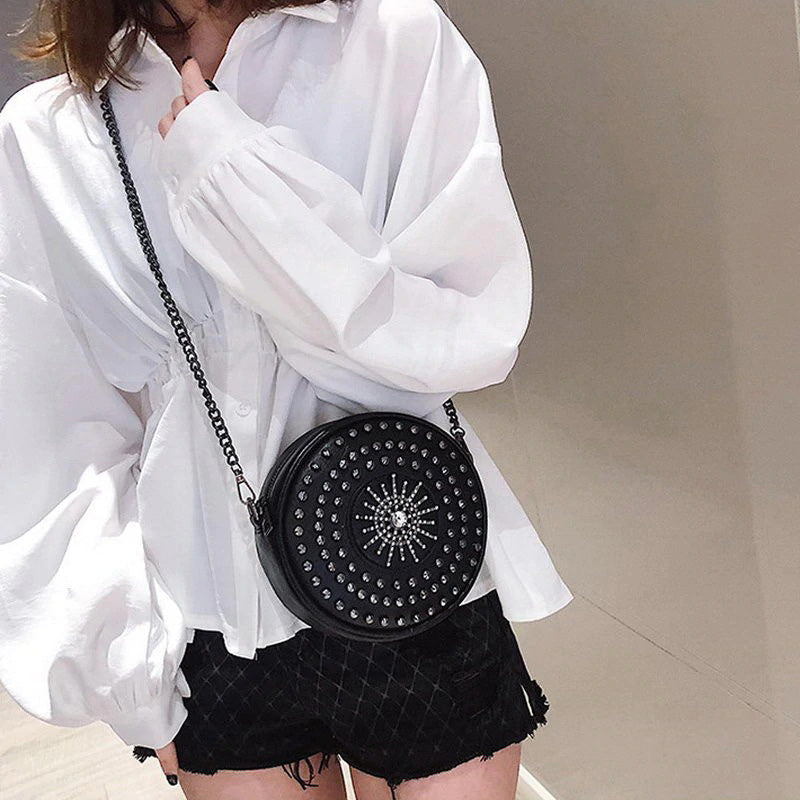 Diamonds Circular Bag for Women / Female Shoulder Rivet Bag / Crossbody Small Bags in Rock Style