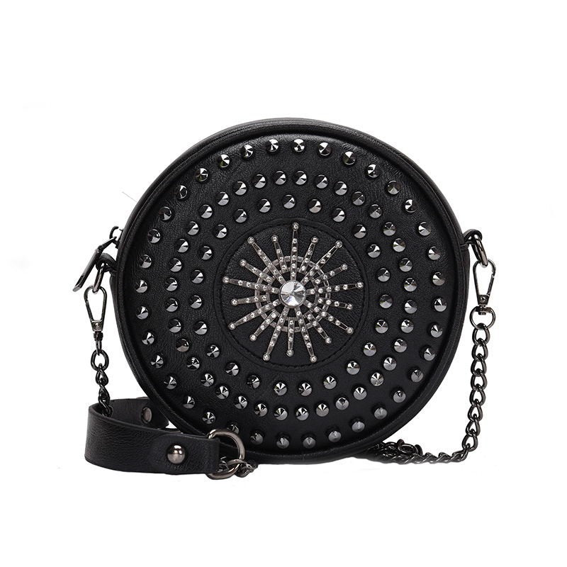 Diamonds Circular Bag for Women / Female Shoulder Rivet Bag / Crossbody Small Bags in Rock Style