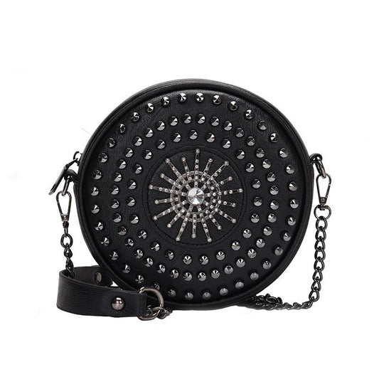 Diamonds Circular Bag for Women / Female Shoulder Rivet Bag / Crossbody Small Bags in Rock Style