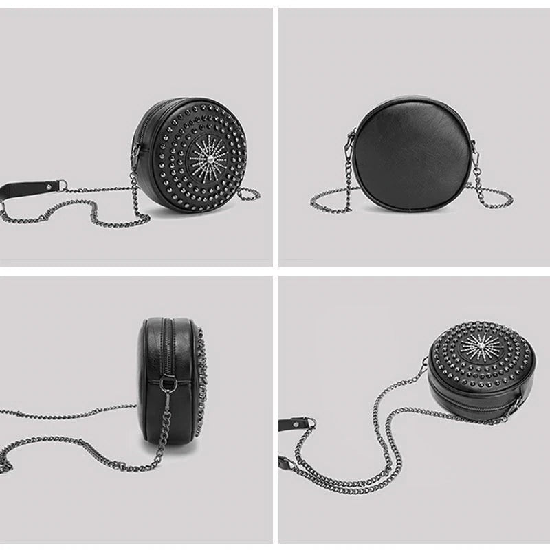 Diamonds Circular Bag for Women / Female Shoulder Rivet Bag / Crossbody Small Bags in Rock Style
