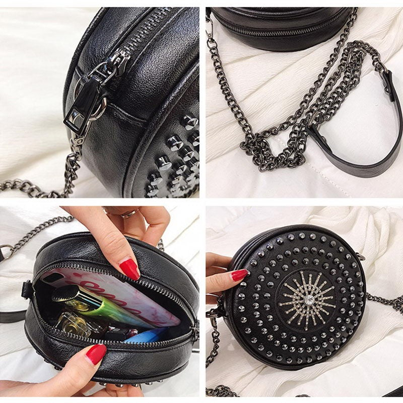 Diamonds Circular Bag for Women / Female Shoulder Rivet Bag / Crossbody Small Bags in Rock Style