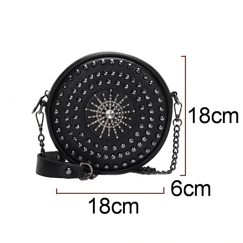 Diamonds Circular Bag for Women / Female Shoulder Rivet Bag / Crossbody Small Bags in Rock Style