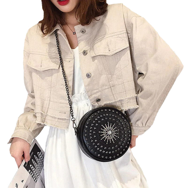 Diamonds Circular Bag for Women / Female Shoulder Rivet Bag / Crossbody Small Bags in Rock Style