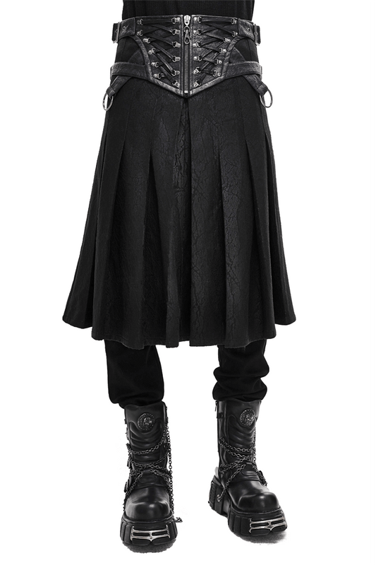 Dieselpunk Asymmetric Black Skirt / Men's Kilt Skirt With Buckled Leather Straps