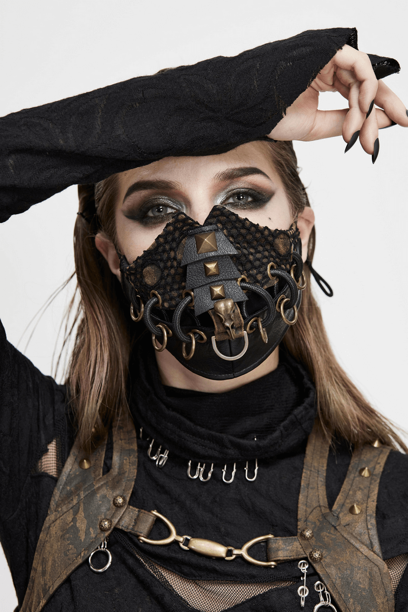 Dieselpunk Face Mask with Decorative Raven Skull / Pu Leather Mask with Copper Studs