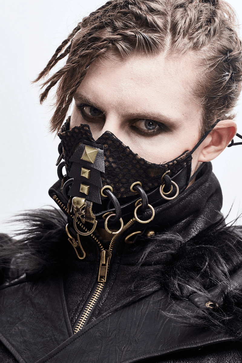 Dieselpunk Face Mask with Decorative Raven Skull / Pu Leather Mask with Copper Studs