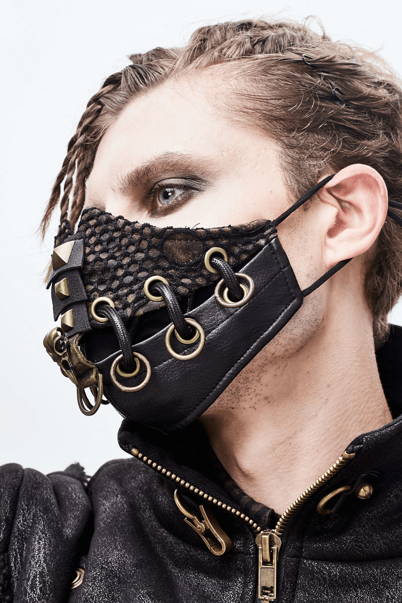 Dieselpunk Face Mask with Decorative Raven Skull / Pu Leather Mask with Copper Studs