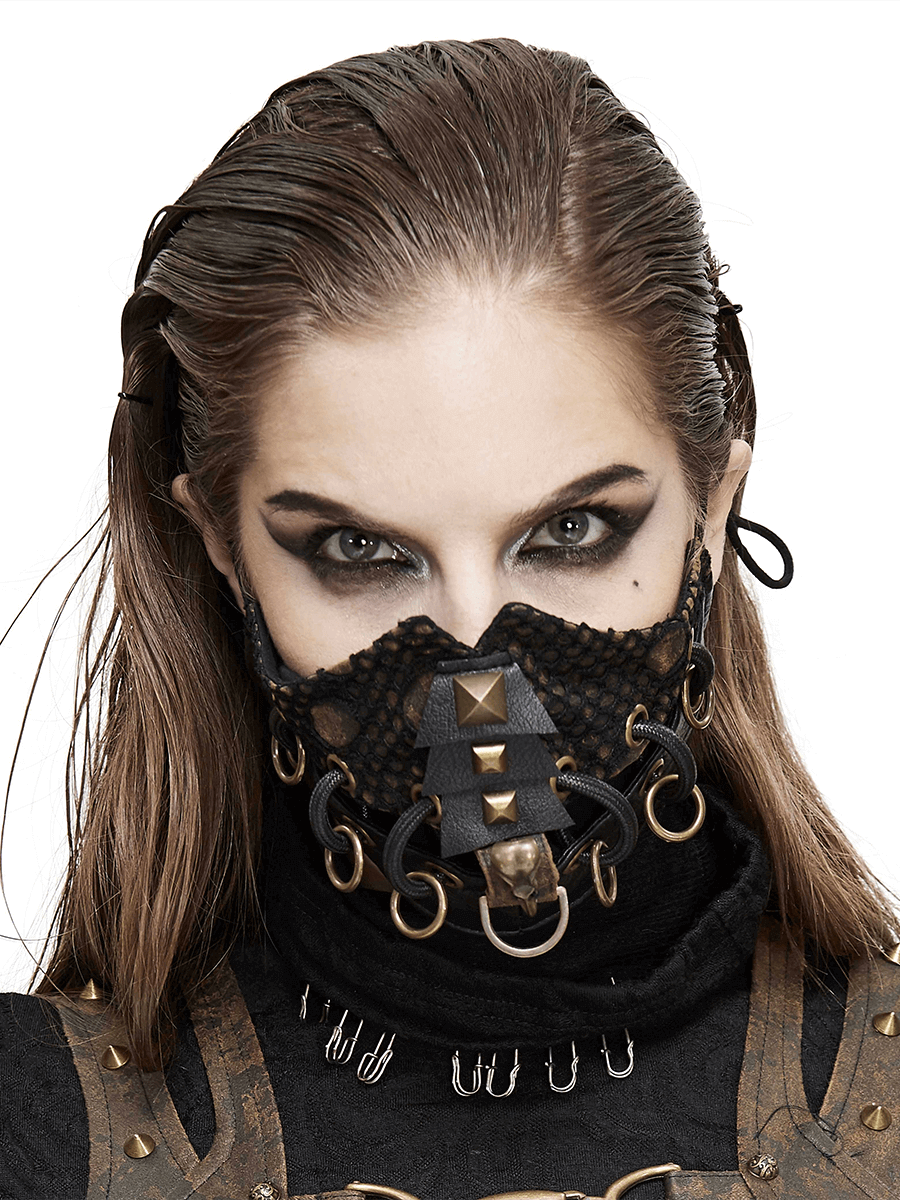 Dieselpunk Face Mask with Decorative Raven Skull / Pu Leather Mask with Copper Studs