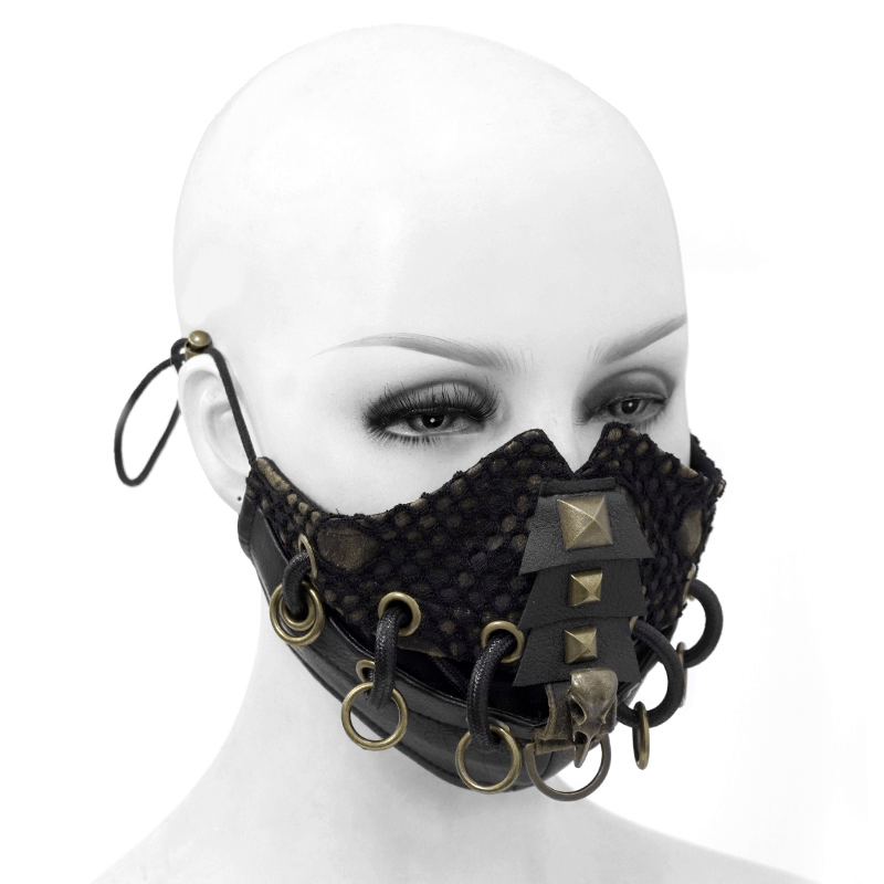 Dieselpunk Face Mask with Decorative Raven Skull / Pu Leather Mask with Copper Studs