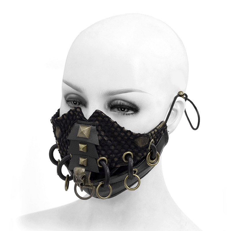 Dieselpunk Face Mask with Decorative Raven Skull / Pu Leather Mask with Copper Studs