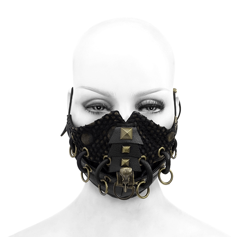 Dieselpunk Face Mask with Decorative Raven Skull / Pu Leather Mask with Copper Studs