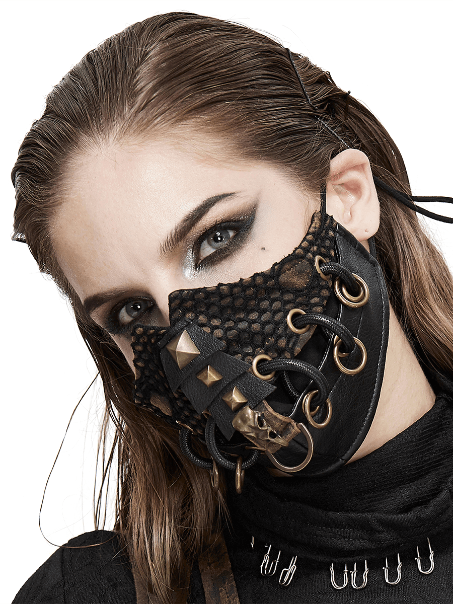 Dieselpunk Face Mask with Decorative Raven Skull / Pu Leather Mask with Copper Studs