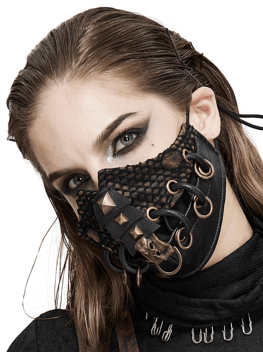 Dieselpunk Face Mask with Decorative Raven Skull / Pu Leather Mask with Copper Studs