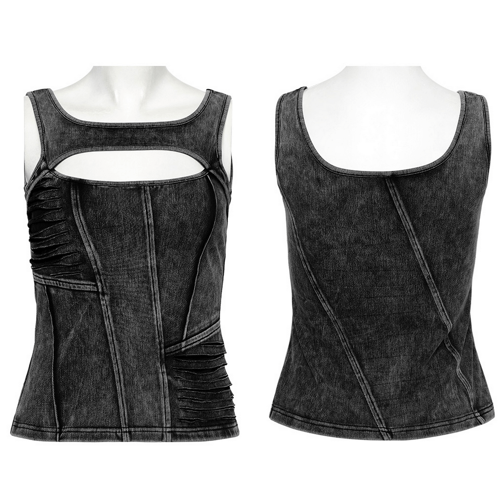 Distressed Black Denim Tank Top with Cutout Detail