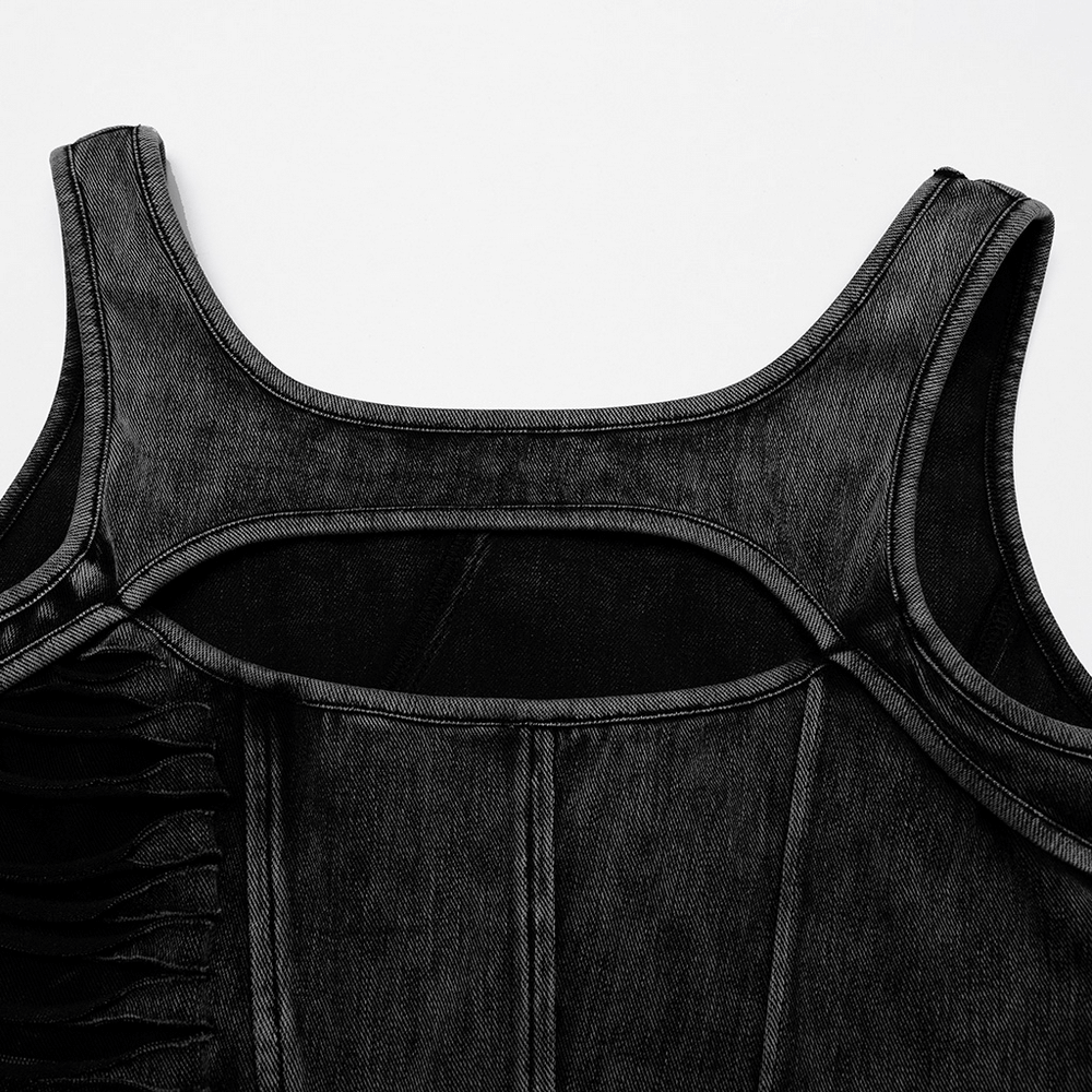 Distressed Black Denim Tank Top with Cutout Detail