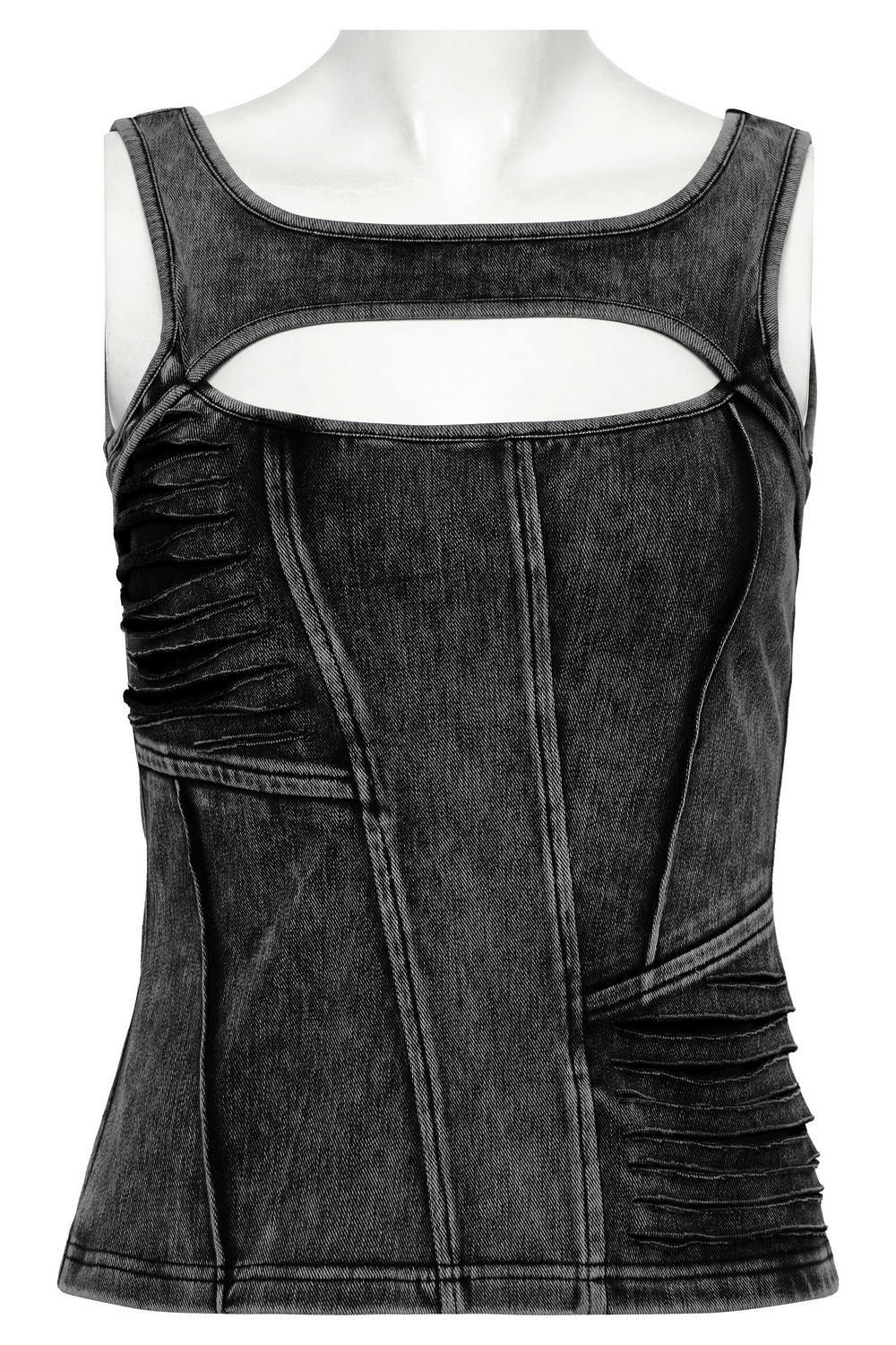 Distressed Black Denim Tank Top with Cutout Detail
