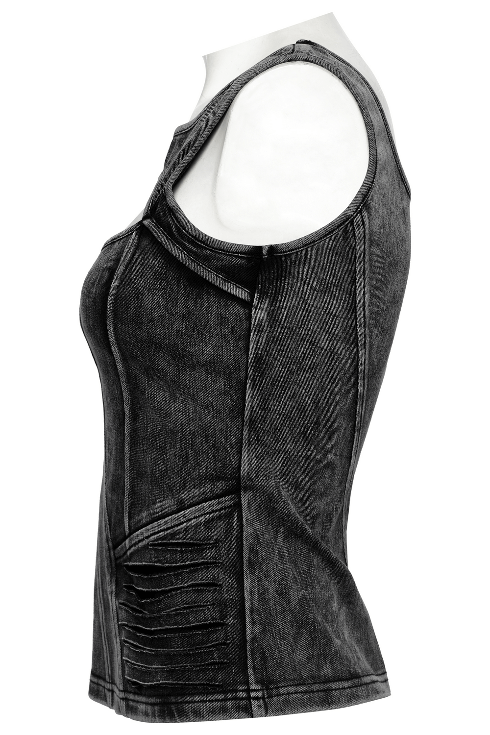 Distressed Black Denim Tank Top with Cutout Detail