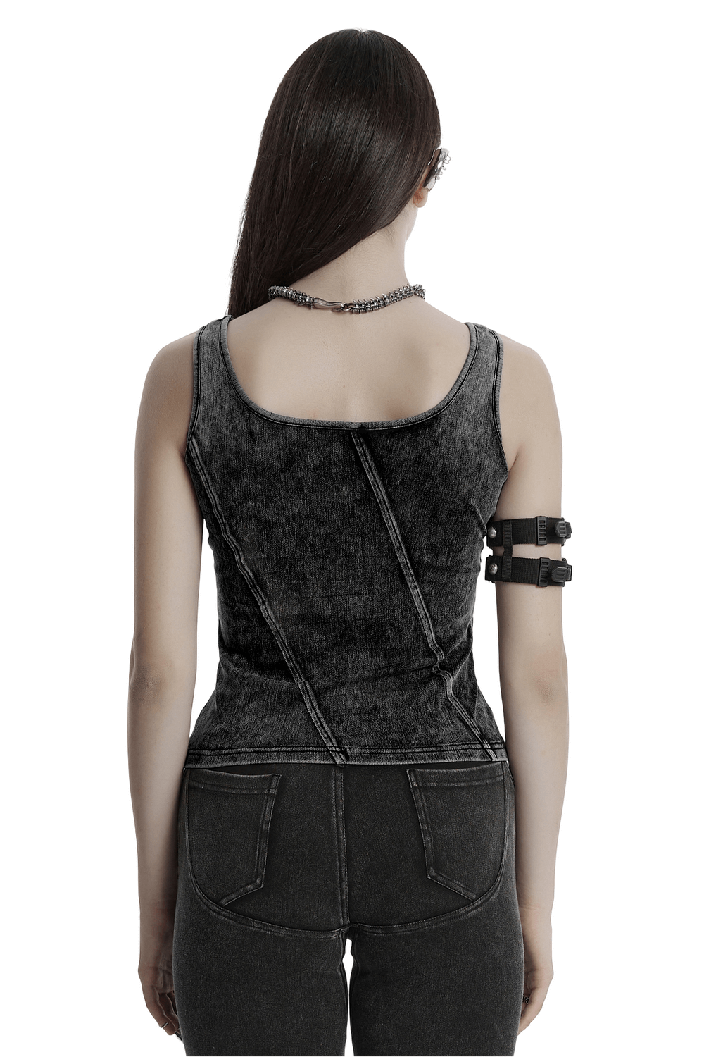Distressed Black Denim Tank Top with Cutout Detail