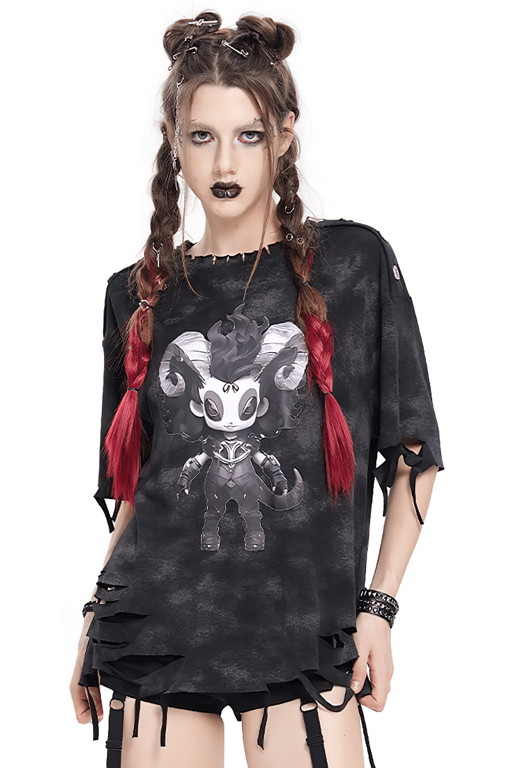 Distressed Demon Graphic T-Shirt with Ties and Rips