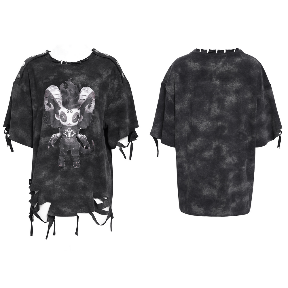 Distressed Demon Graphic T-Shirt with Ties and Rips