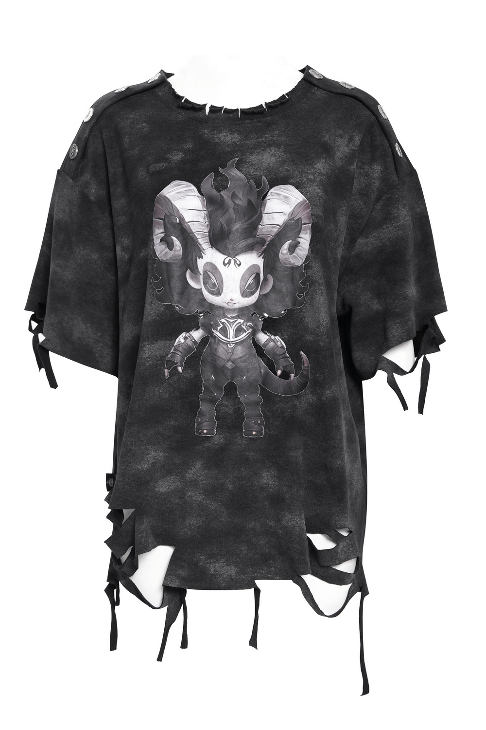 Distressed Demon Graphic T-Shirt with Ties and Rips