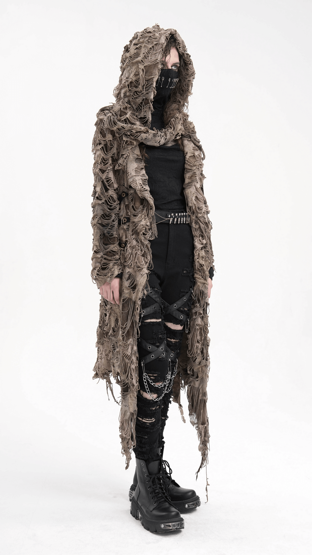 Distressed Hooded Duster Cape with Grunge Layers