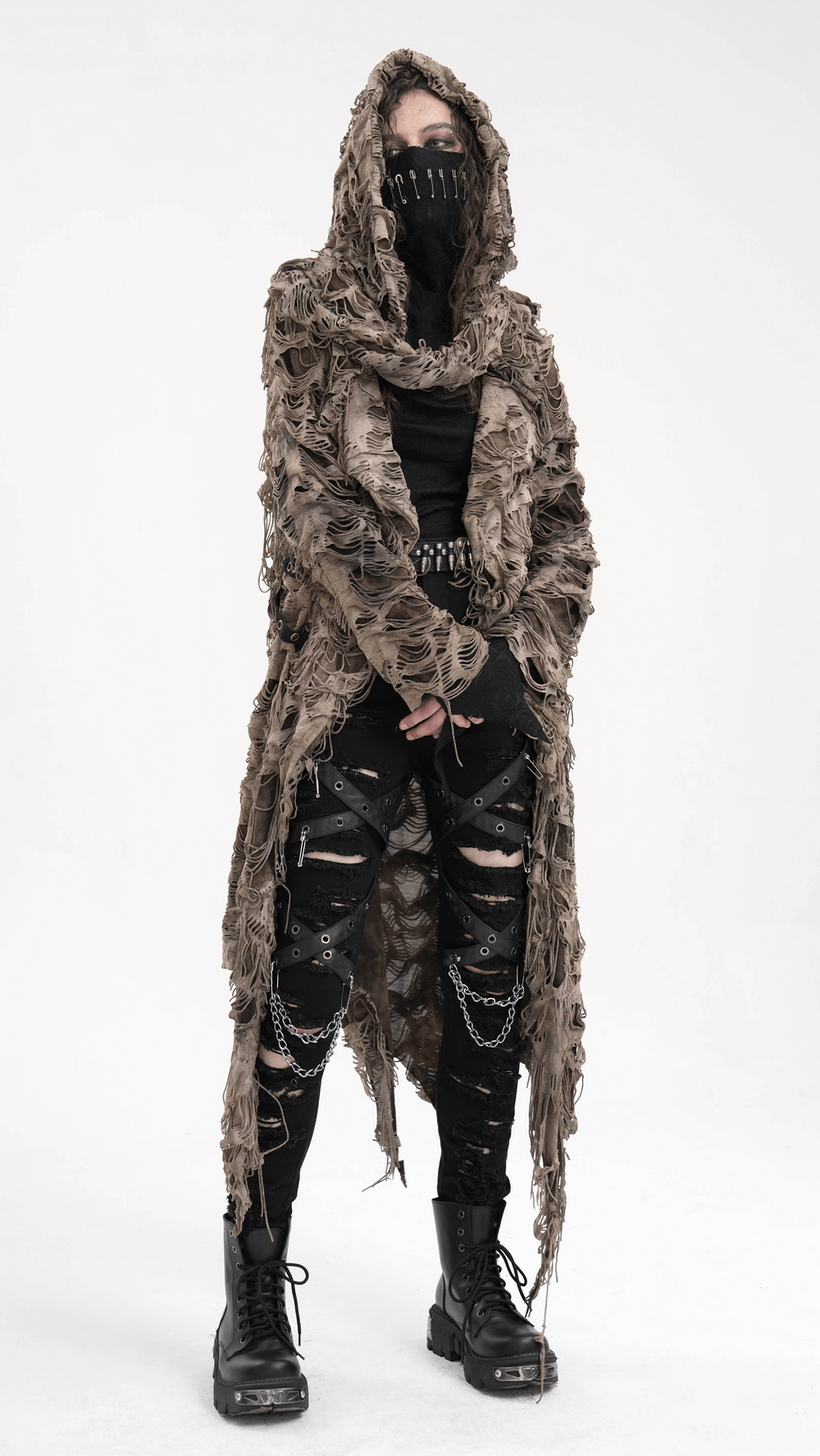 Distressed Hooded Duster Cape with Grunge Layers