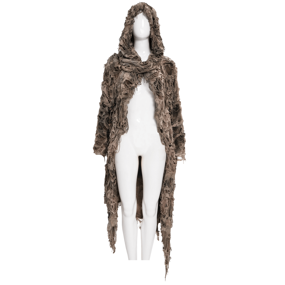 Distressed Hooded Duster Cape with Grunge Layers