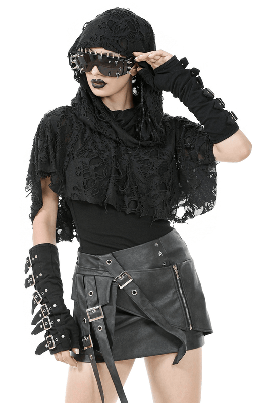 Distressed Punk Hooded Poncho Cape with Tattered Design