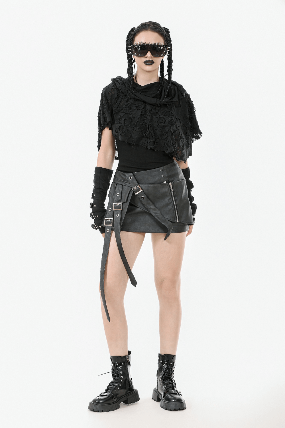 Distressed Punk Hooded Poncho Cape with Tattered Design