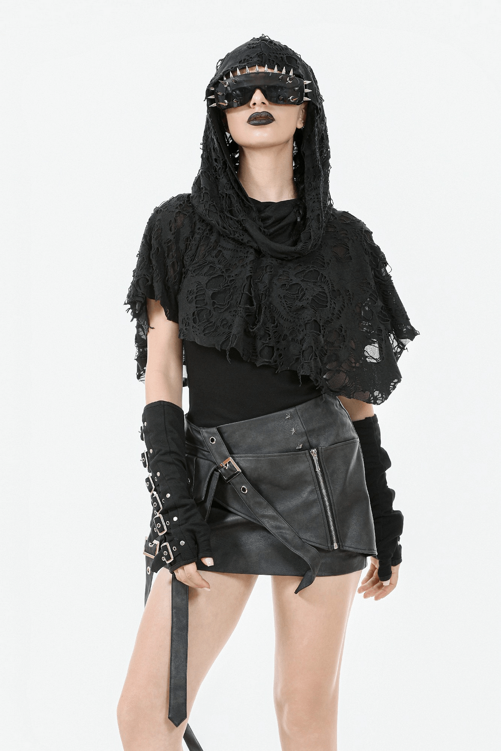Distressed Punk Hooded Poncho Cape with Tattered Design