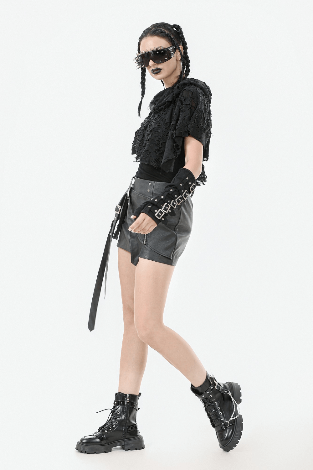 Distressed Punk Hooded Poncho Cape with Tattered Design