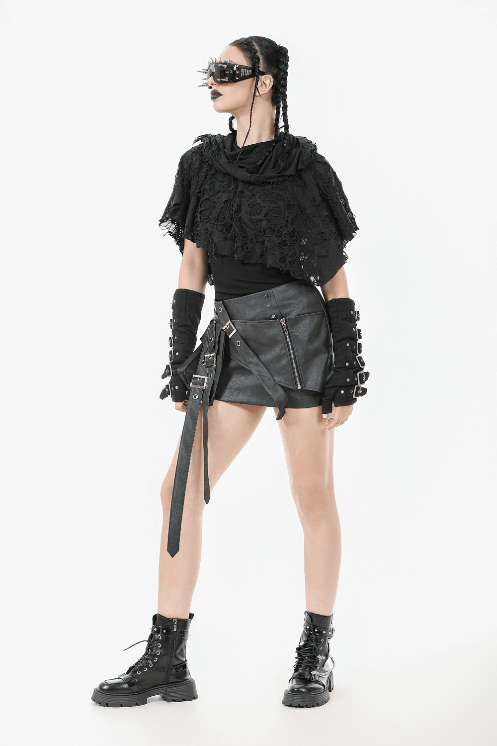 Distressed Punk Hooded Poncho Cape with Tattered Design